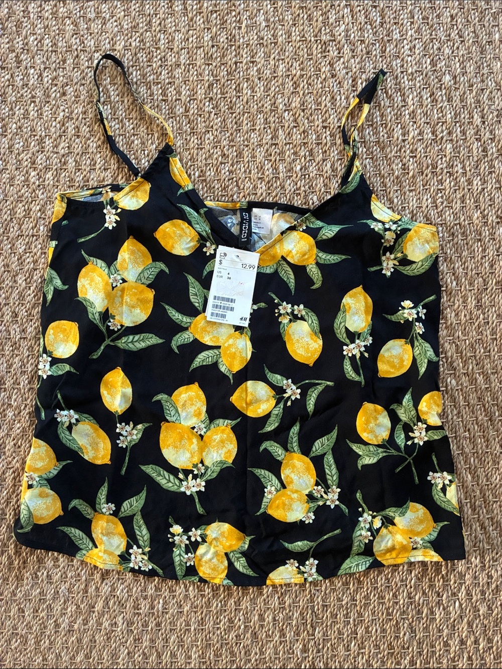 Divided Black Lemon-Print Silk-Feel Cami, Sz. 4